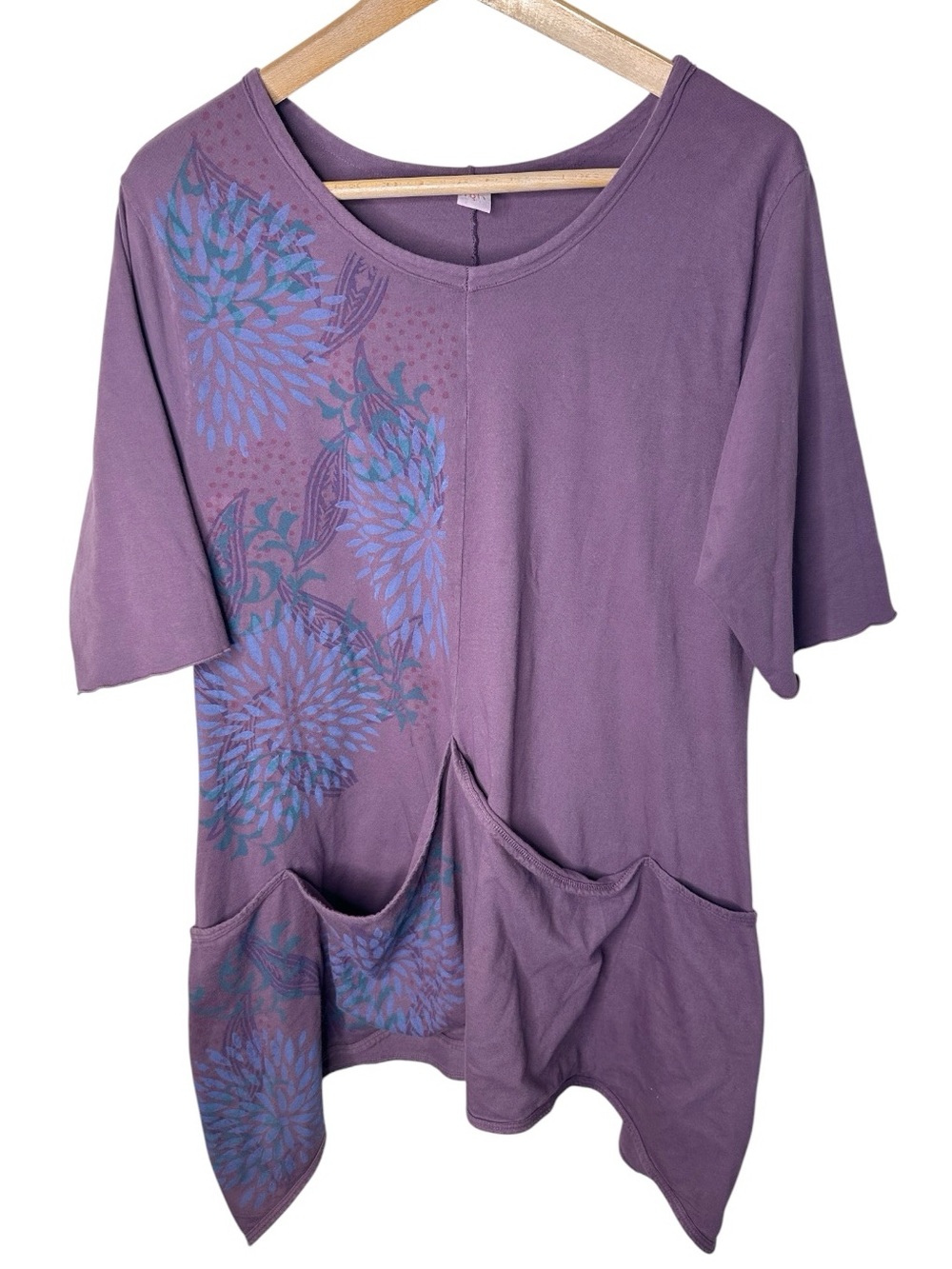 Blue Fish Size 1 Chrysanthemum Pocket Tunic Handkerchief Hem Purple Floral in